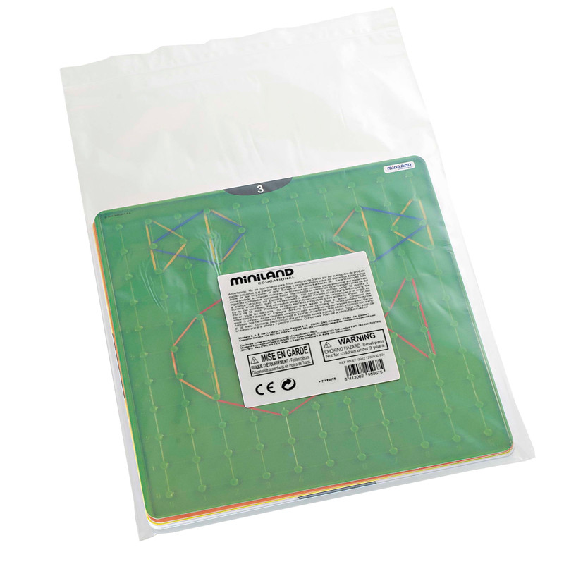 Miniland 12 gab. uzdevumu kartītes Geobordam (geobords) - ģeometrijas dēlītim ar gumijām. 23cm Montesori apmācību materiāls, metodiskais materiāls skolām 95068