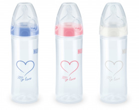 NUK Klasiskā plastmasas pudelīte pienam mazulim no 6-18 mēnešiem, ar 2.izmēra silikona knupīti, 250ml, SD13