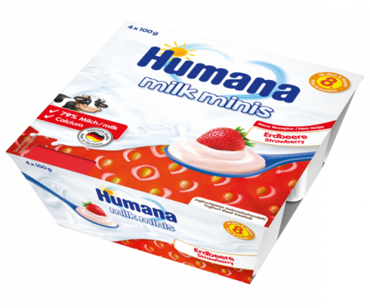 Akcija! Humana Augļu jogurta deserts ar zemenēm no 8. mēn. vecuma, 4x100g, der.term. 12.12.22