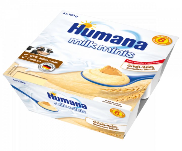 HUMANA Milk Minis mannas deserts ar cepumiem no 8 mēn. vec., 4x100 g