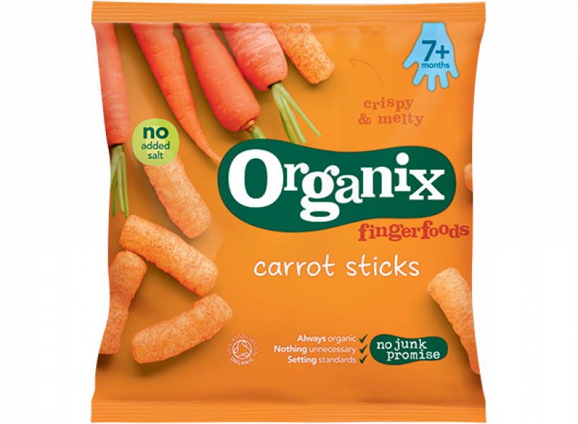 Organix Finger Foods kraukšķīgās kukurūzas standziņas ar burkāniem, 20gr,no 7 mēn.