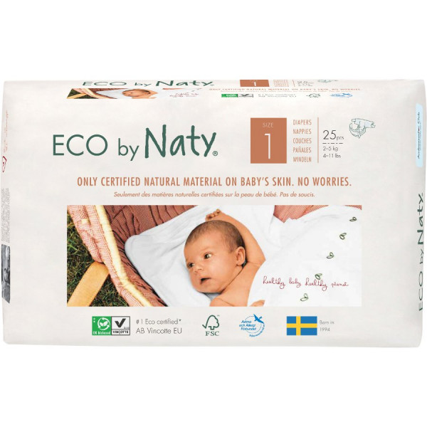 Naty by Nature Babycare Newborn 1 ekoloģiskās autiņbiksītes, 25 gab./iepak. (2-5 kg), ECO, EKO - BIO