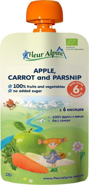 Fleur Alpine Ābolu, burkānu un pastinaka biezenis no 6mēn, 120g
