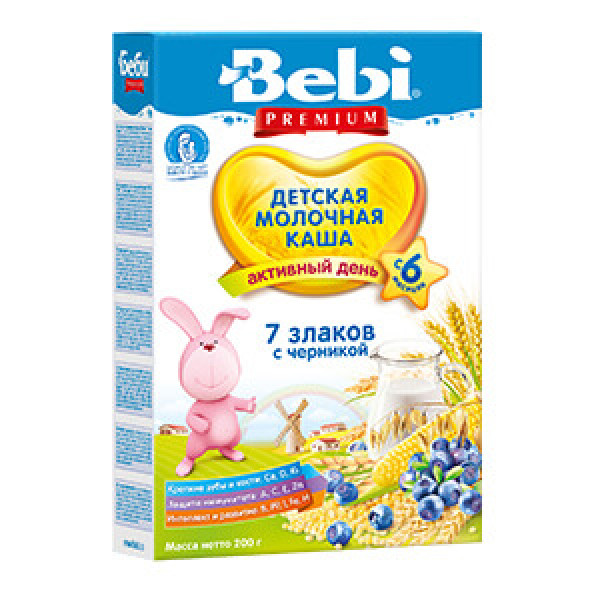 Izpārdošana! BEBI Premium 7 graudu biezputra ar pienu un mellenēm, no 6 mēn., 200g (pēdējie 4 gb)